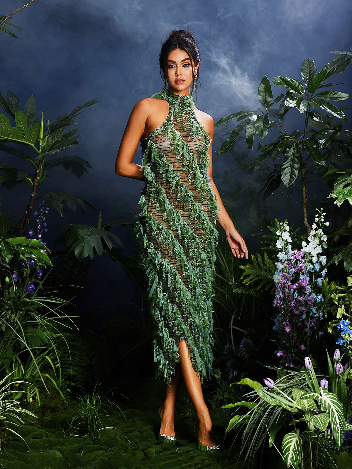 Arlo Halterneck Backless Hollow Midi Dress In Green