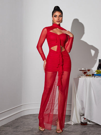 Bedelia Long Sleeve Cutout Mesh Maxi Dress