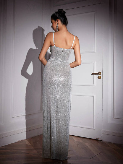 Brigid Spaghetti Crystal Fringe Sequin Maxi Dress