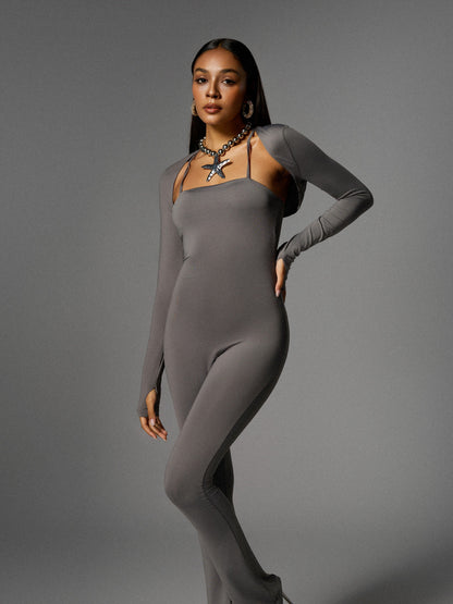 Brixander Spaghetti Jumpsuit In Grey With Shrug