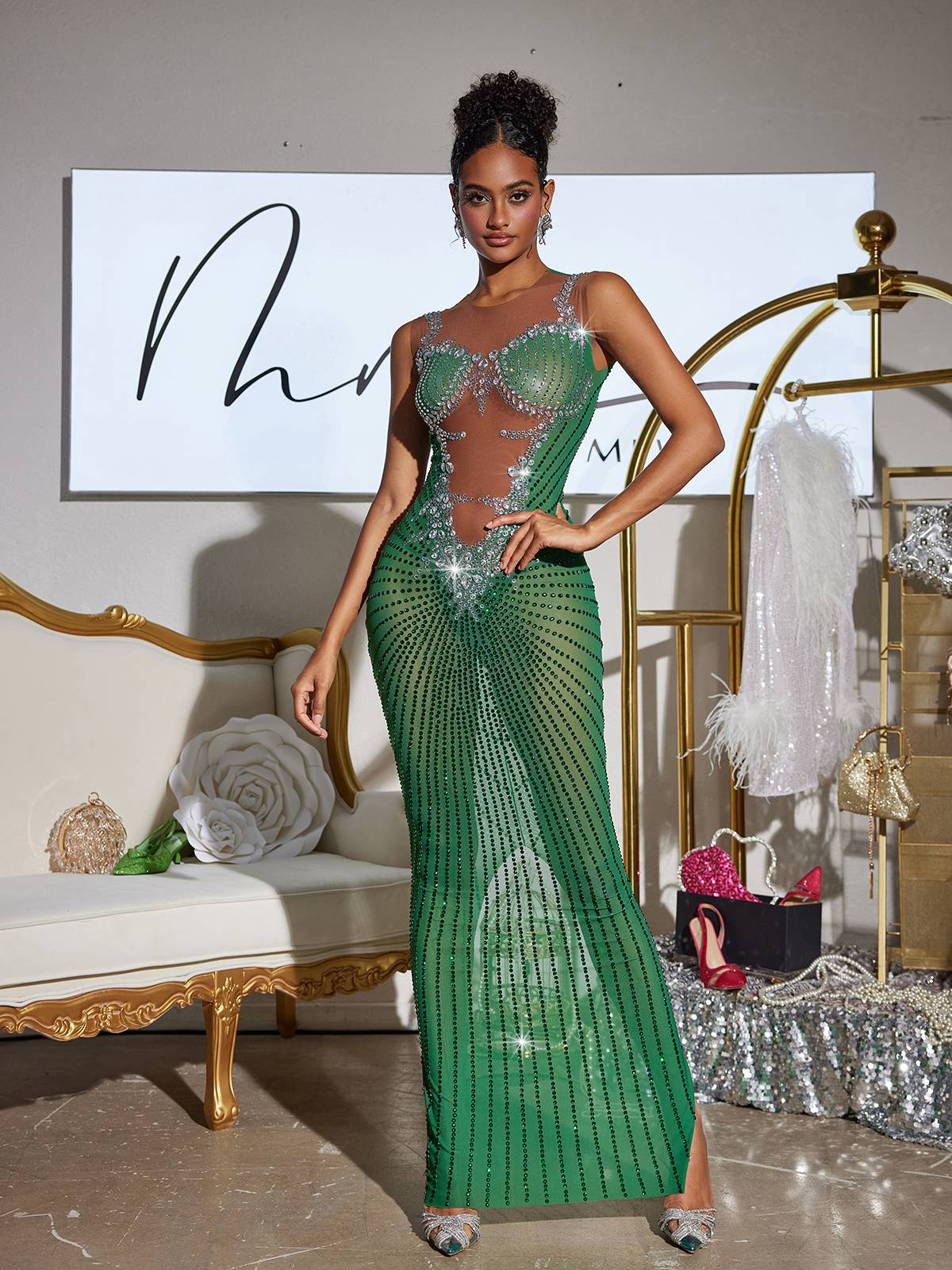 Brody Printed Rhinestone Split Maxi Dress In Green