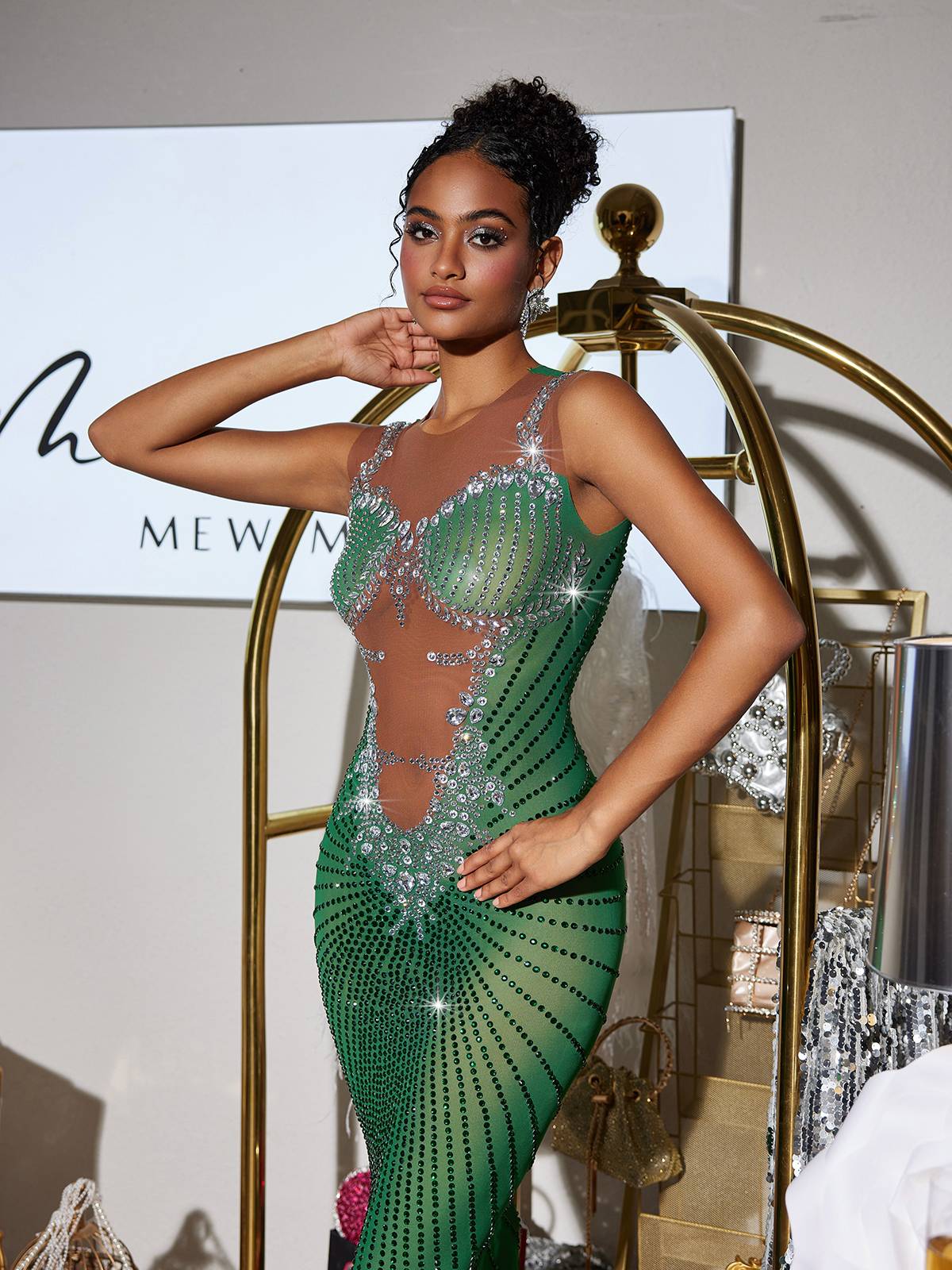 Brody Printed Rhinestone Split Maxi Dress In Green