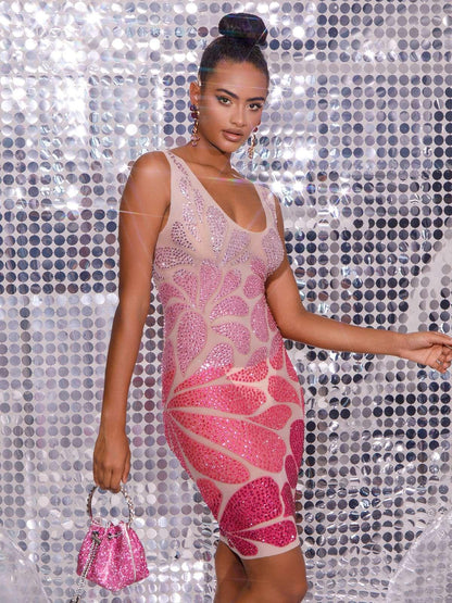Cairo Crystal Embellished Mini Dress In Light Nude & Hot Pink