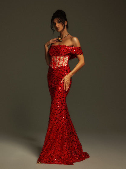 Christena Off Shoulder Sequin Corset Maxi Dress