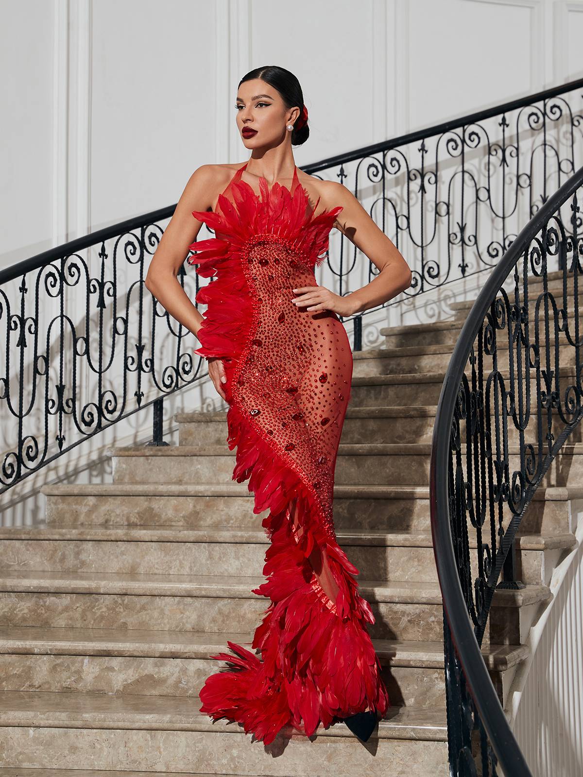 Circe Embellished Mesh Feather Maxi Dress In Red