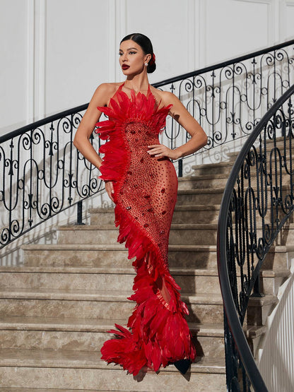 Circe Embellished Mesh Feather Maxi Dress In Red