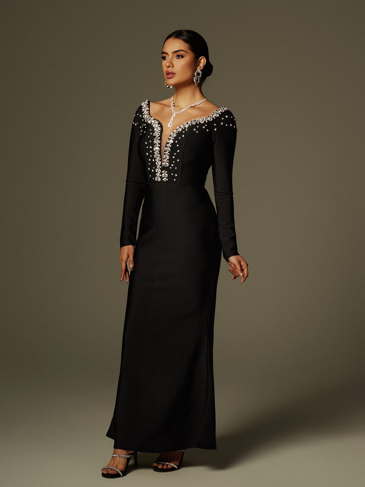 Cayla V Neck Rhinestone Bandage Maxi Dress