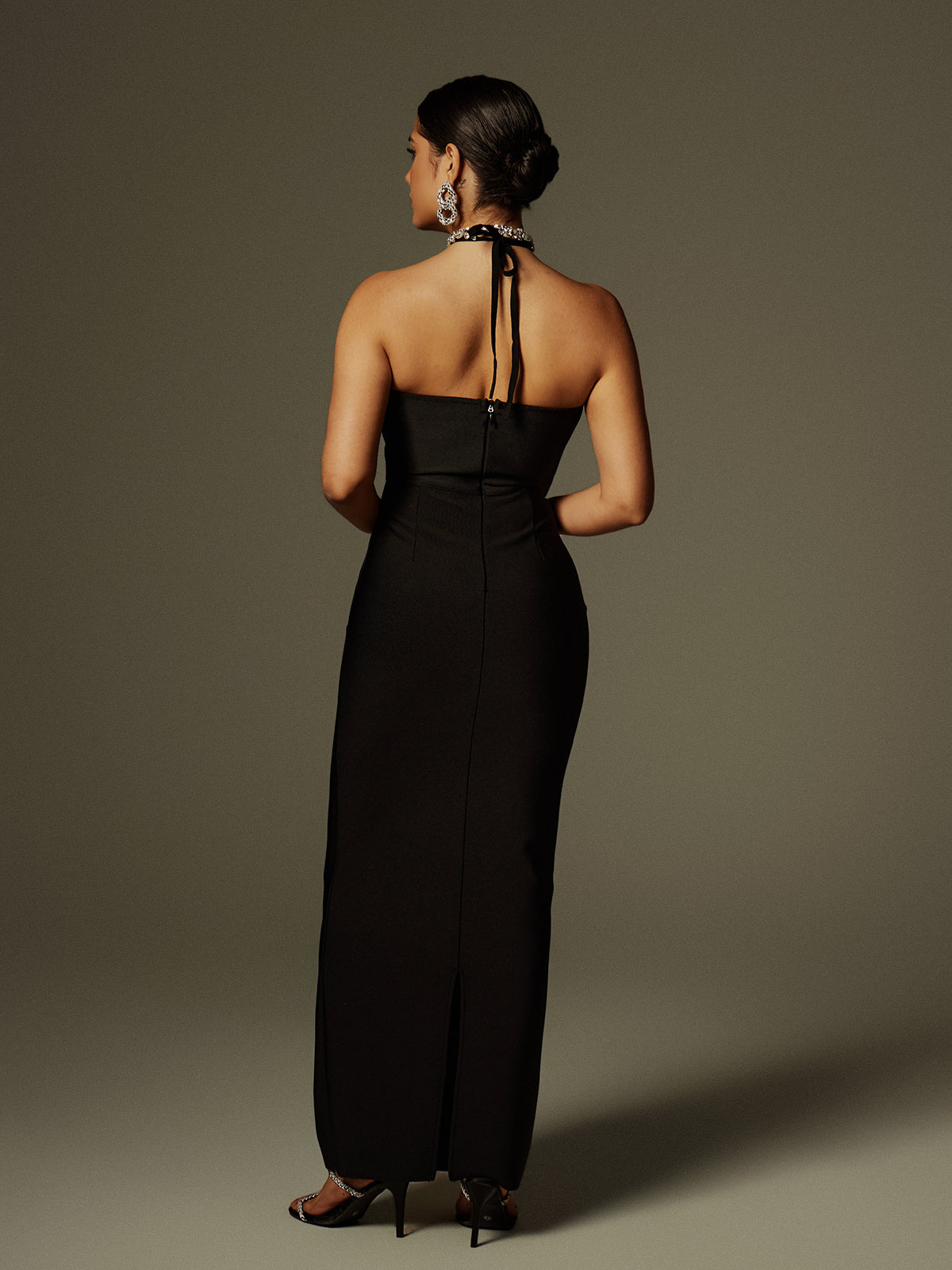 Cornie Halterneck Rhinestone Bandage Maxi Dress