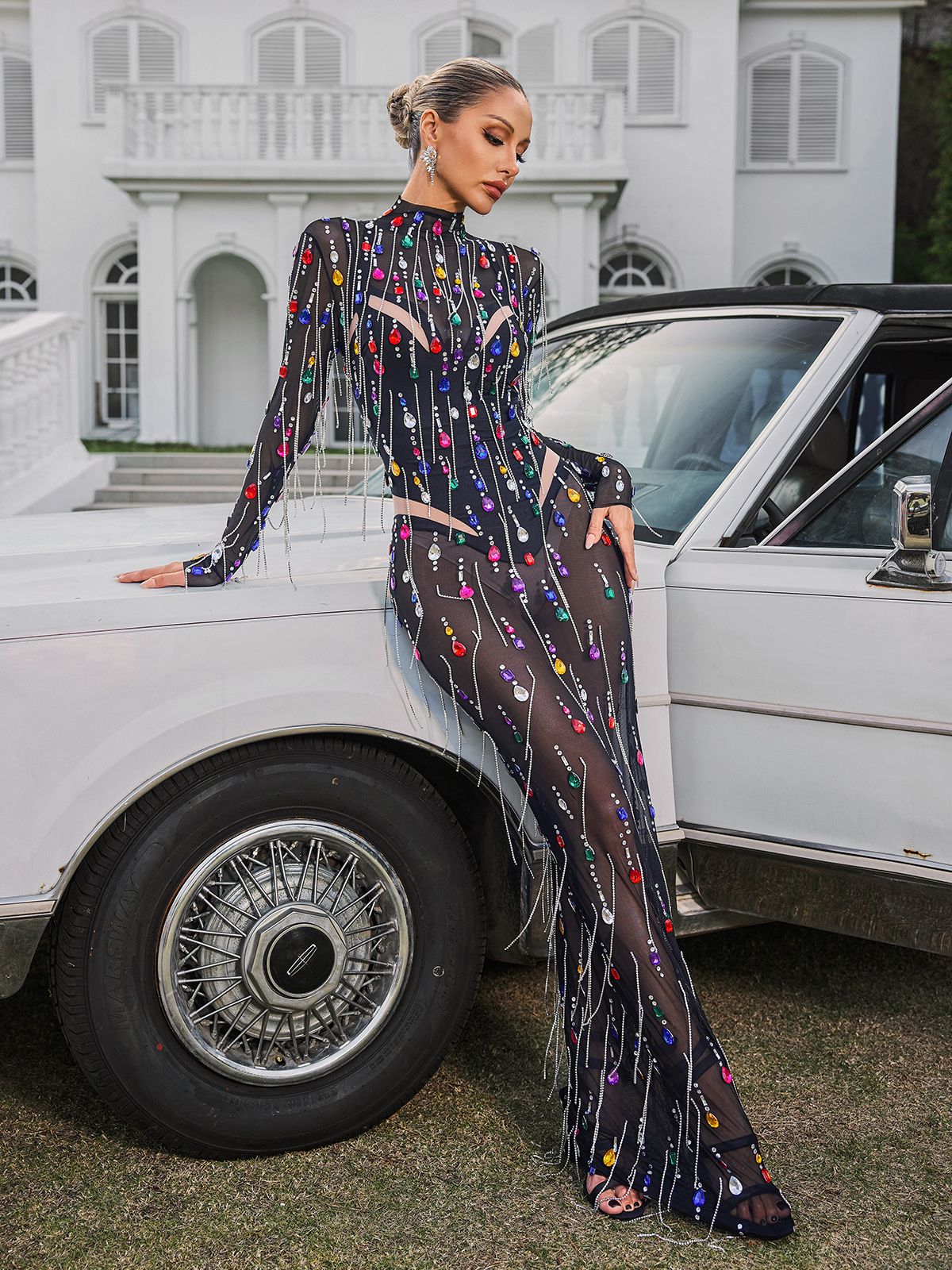 Corvina Fringe Embellished Mesh Maxi Dress