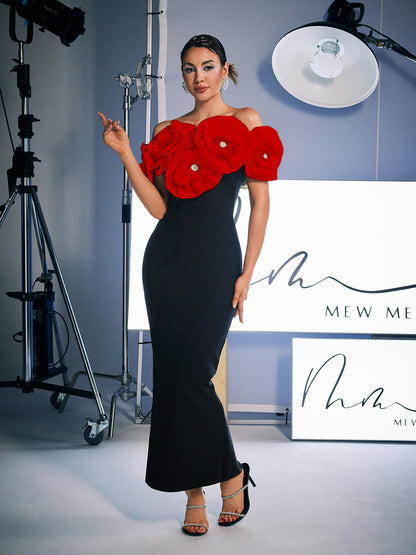 Creed Off Shoulder Flower Bandage Dress In Red