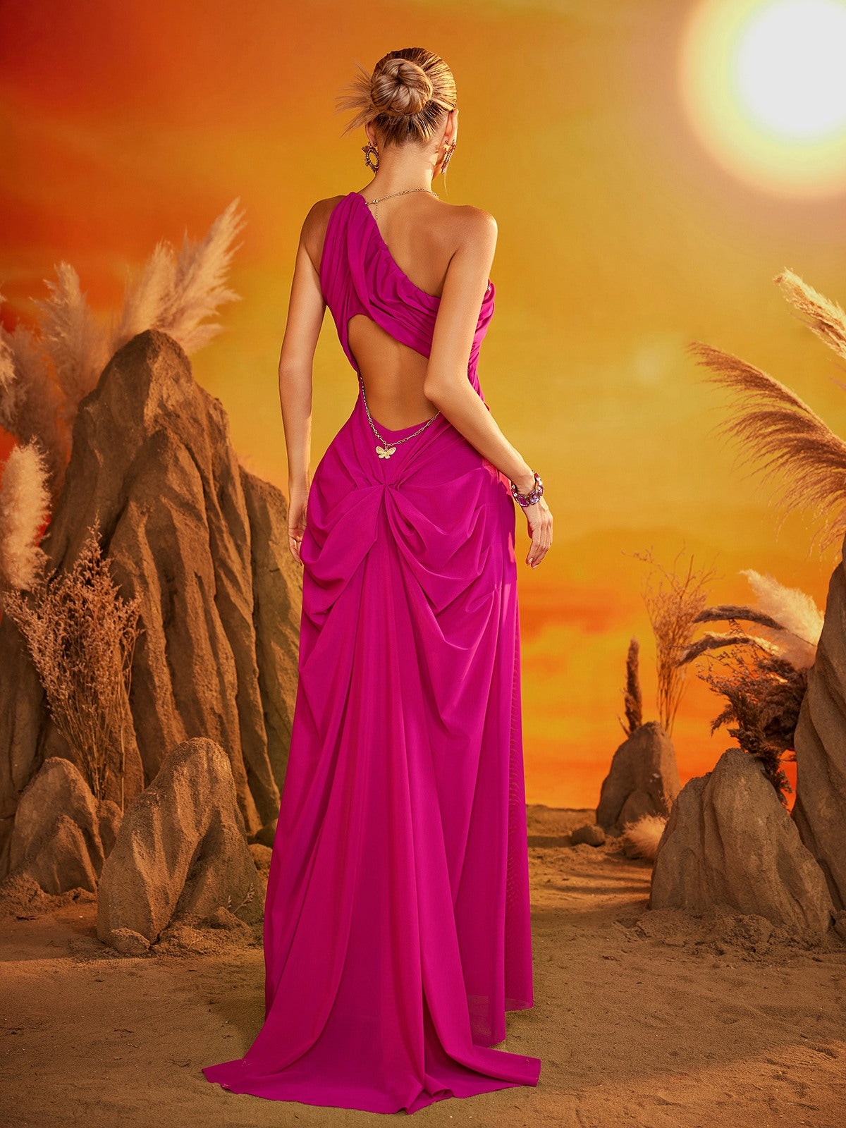 Daiki Halterneck Ruched Maxi Dress In Hot Pink