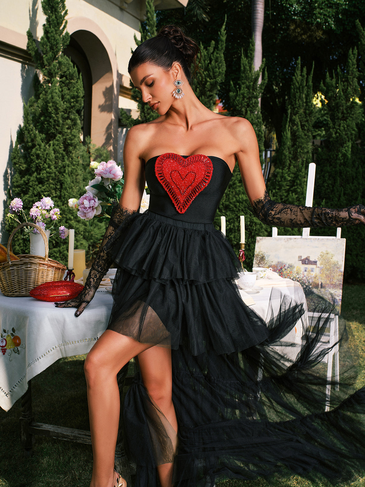 Dalit Strapless Heart Crystal Skirt Set