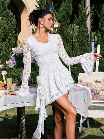 Dareh V Neck Flower Lace Draped Mini Dress