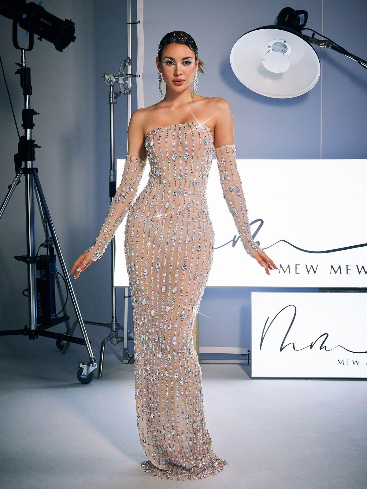 Douglas Strapless Rhinestone Maxi Dress With Gloves