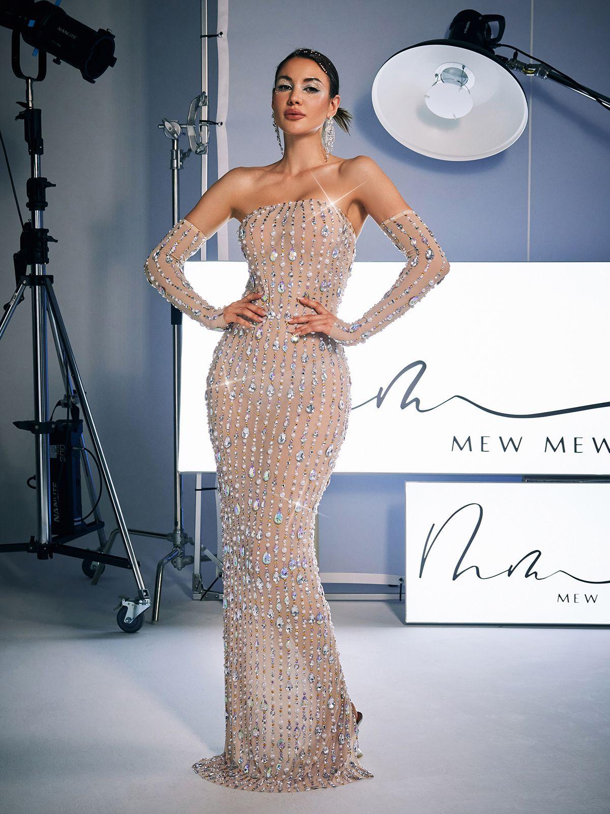 Douglas Strapless Rhinestone Maxi Dress With Gloves