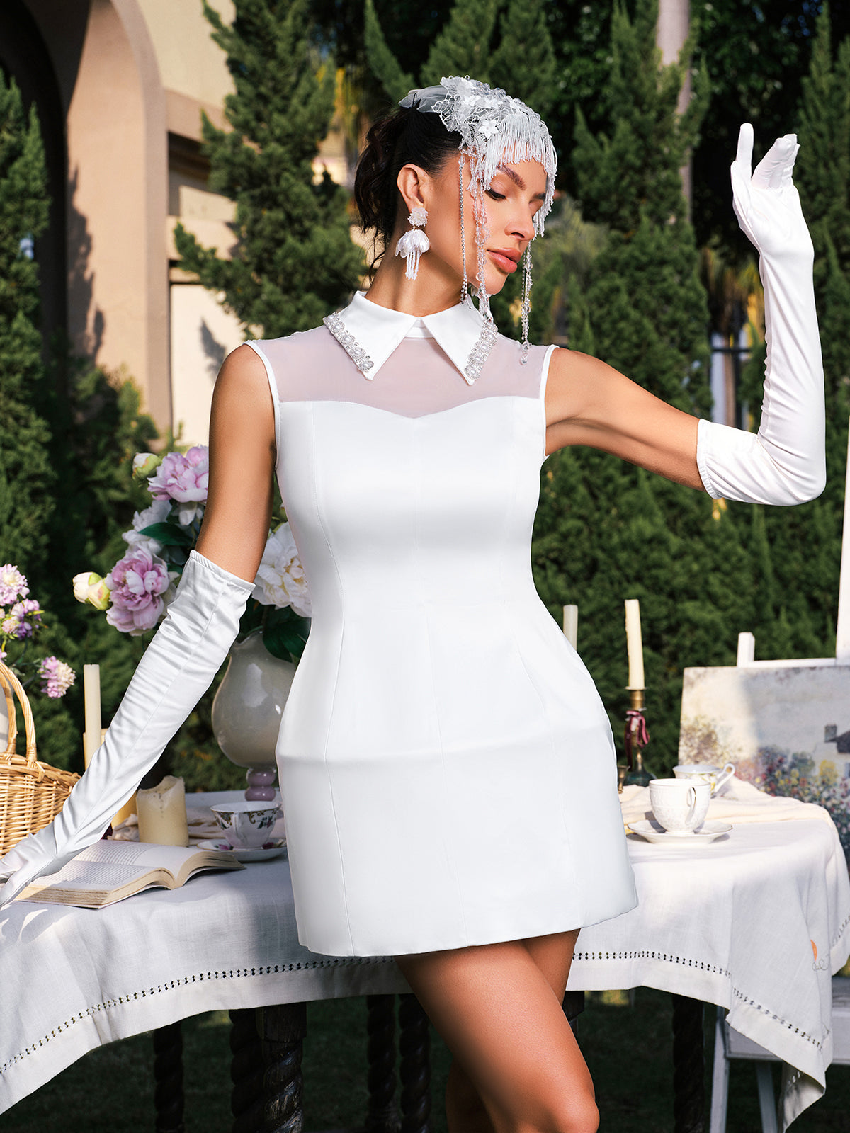 Éabha Folded Collar Pearl Satin Mini Dress
