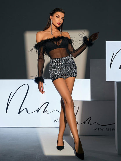 Eamon Off Shoulder Feather Mesh Bodysuit