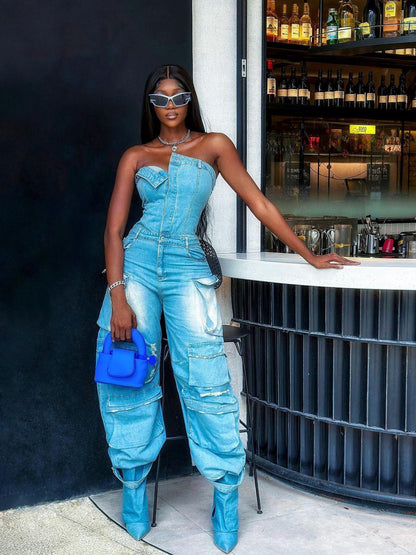 Eden Strapless Pocket Denim Jumpsuit In Blue