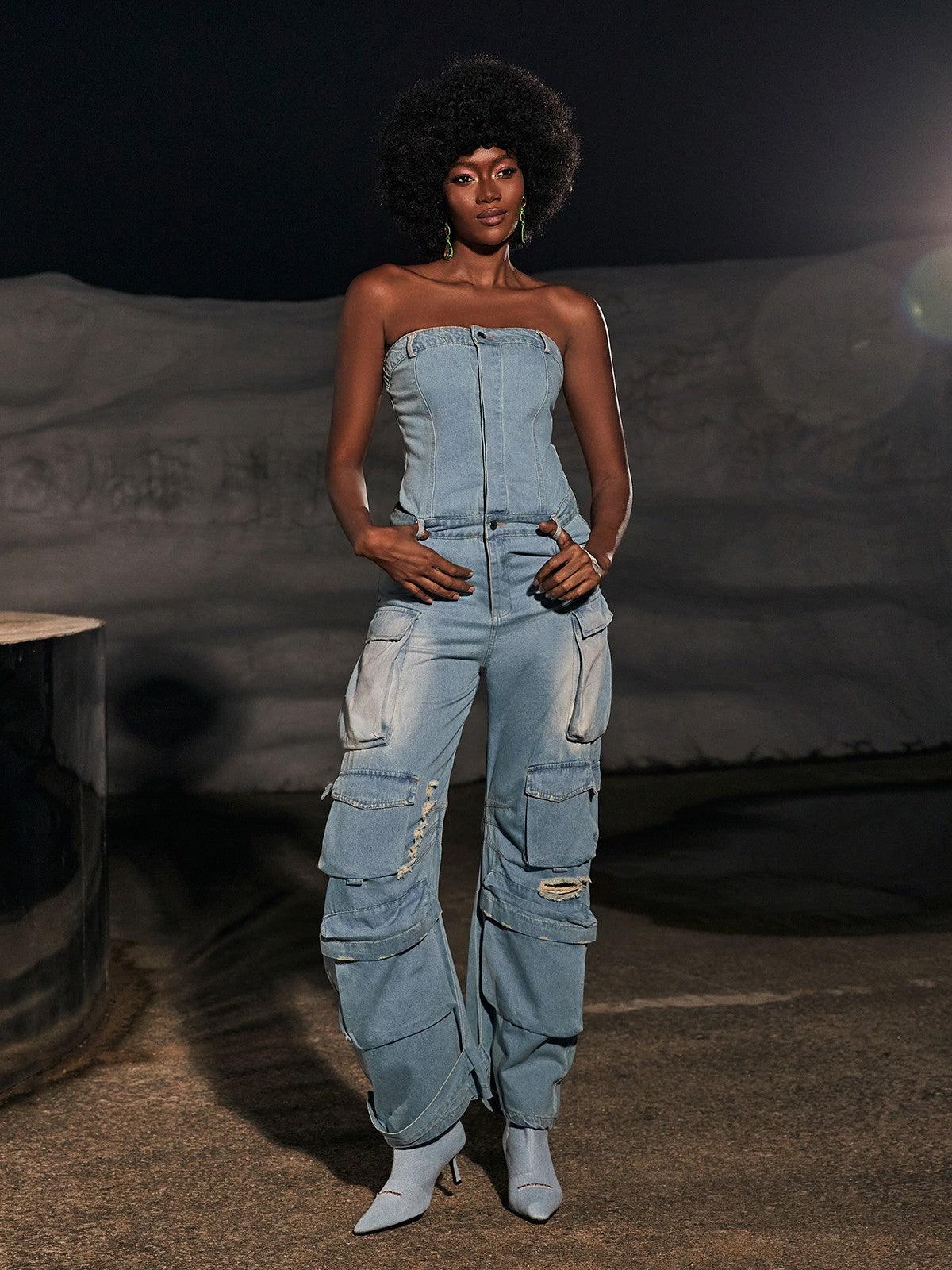 Eden Strapless Pocket Denim Jumpsuit In Blue