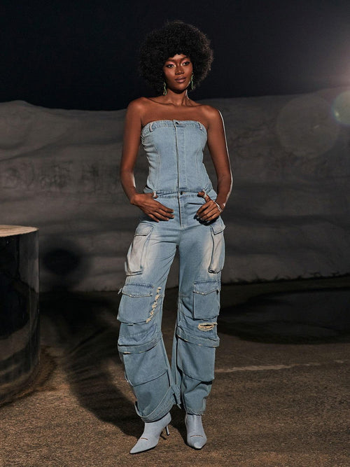 Eden Strapless Pocket Denim Jumpsuit In Blue