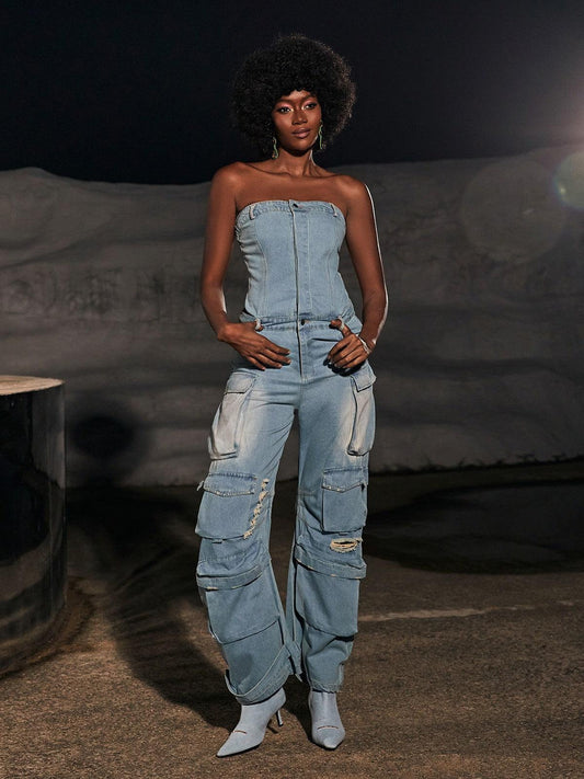 Eden Strapless Pocket Denim Jumpsuit In Blue