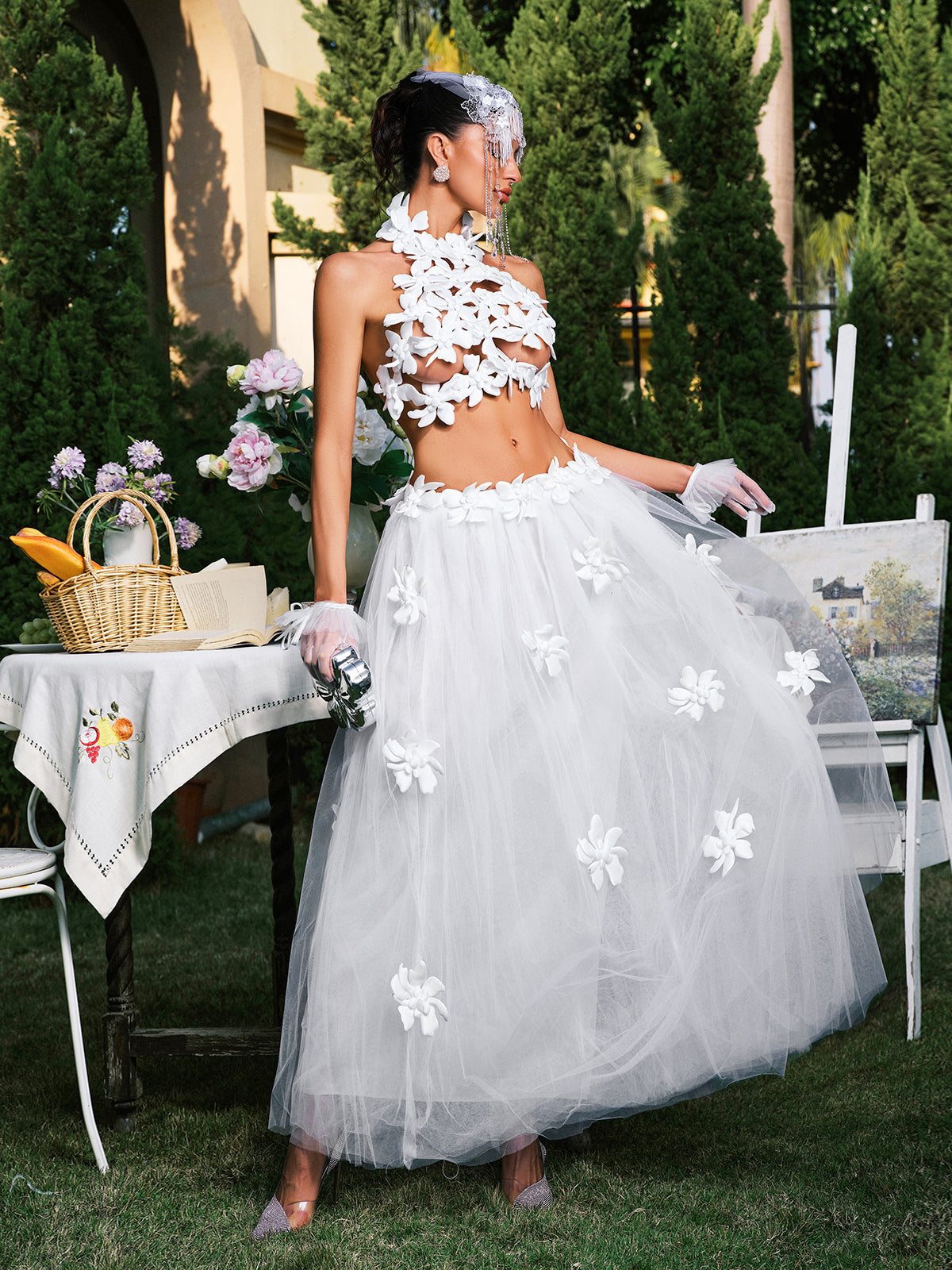 Edimeia High Neck Flower Mesh Skirt Set