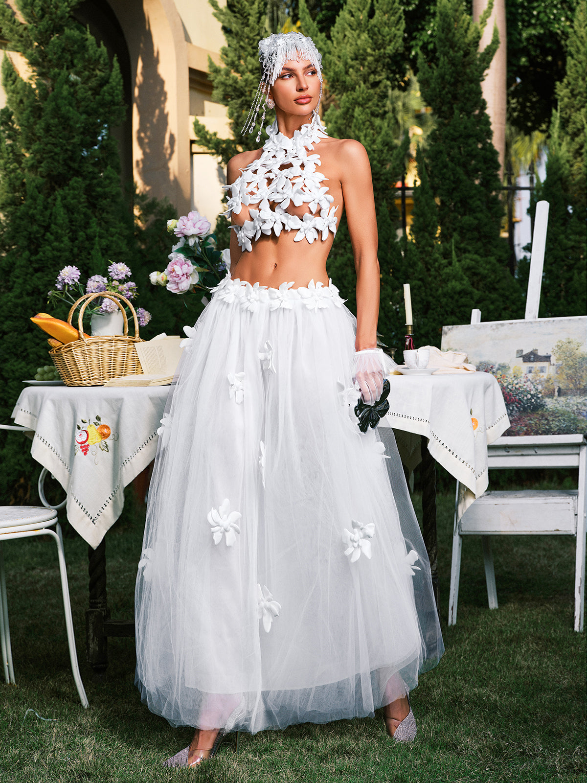 Edimeia High Neck Flower Mesh Skirt Set