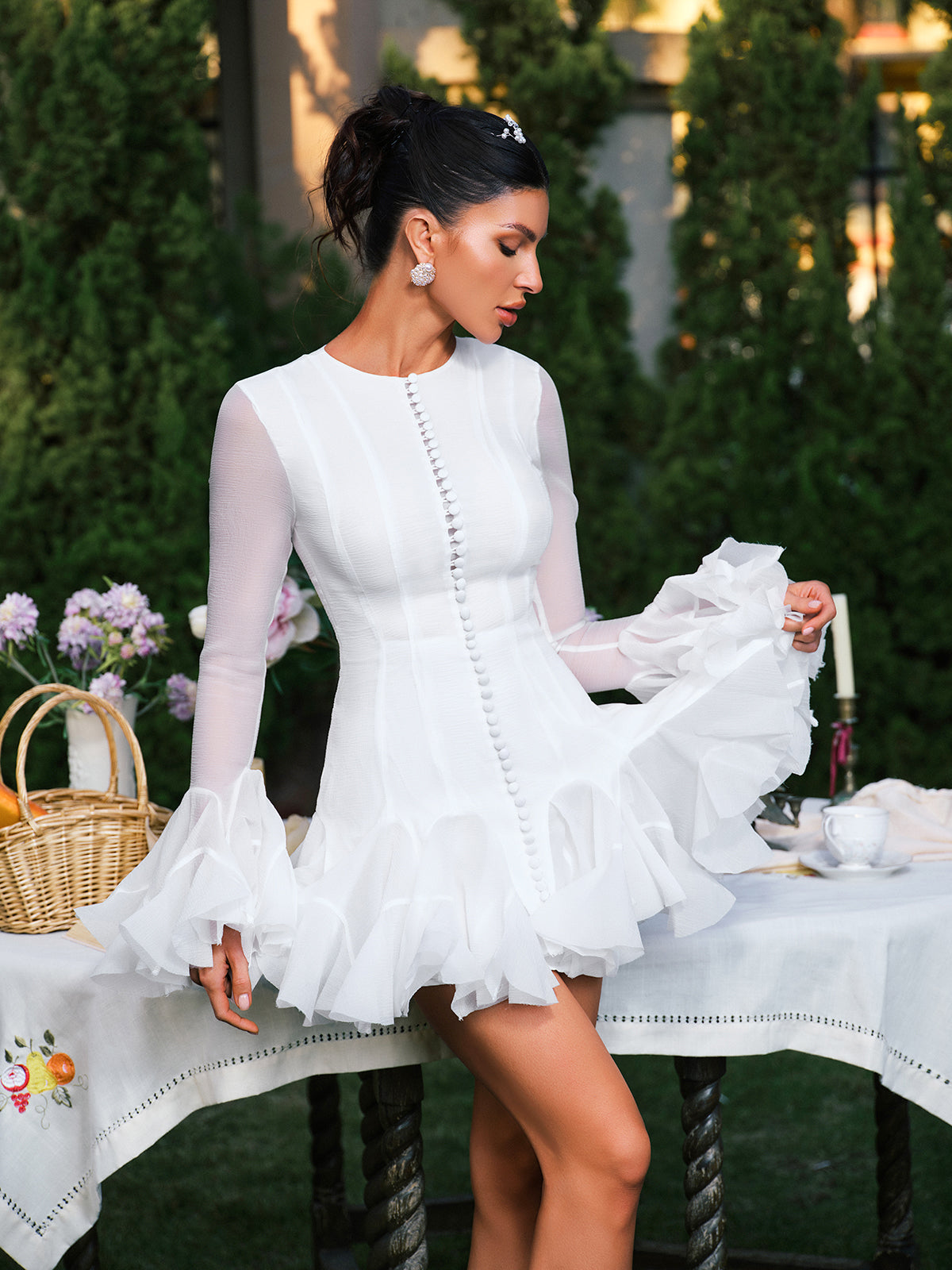 Edsel Flare Sleeve Button Mini Dress In White