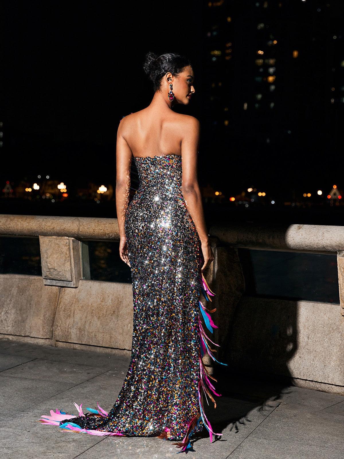 Ernest Strapless Feather Split Sequin Dress