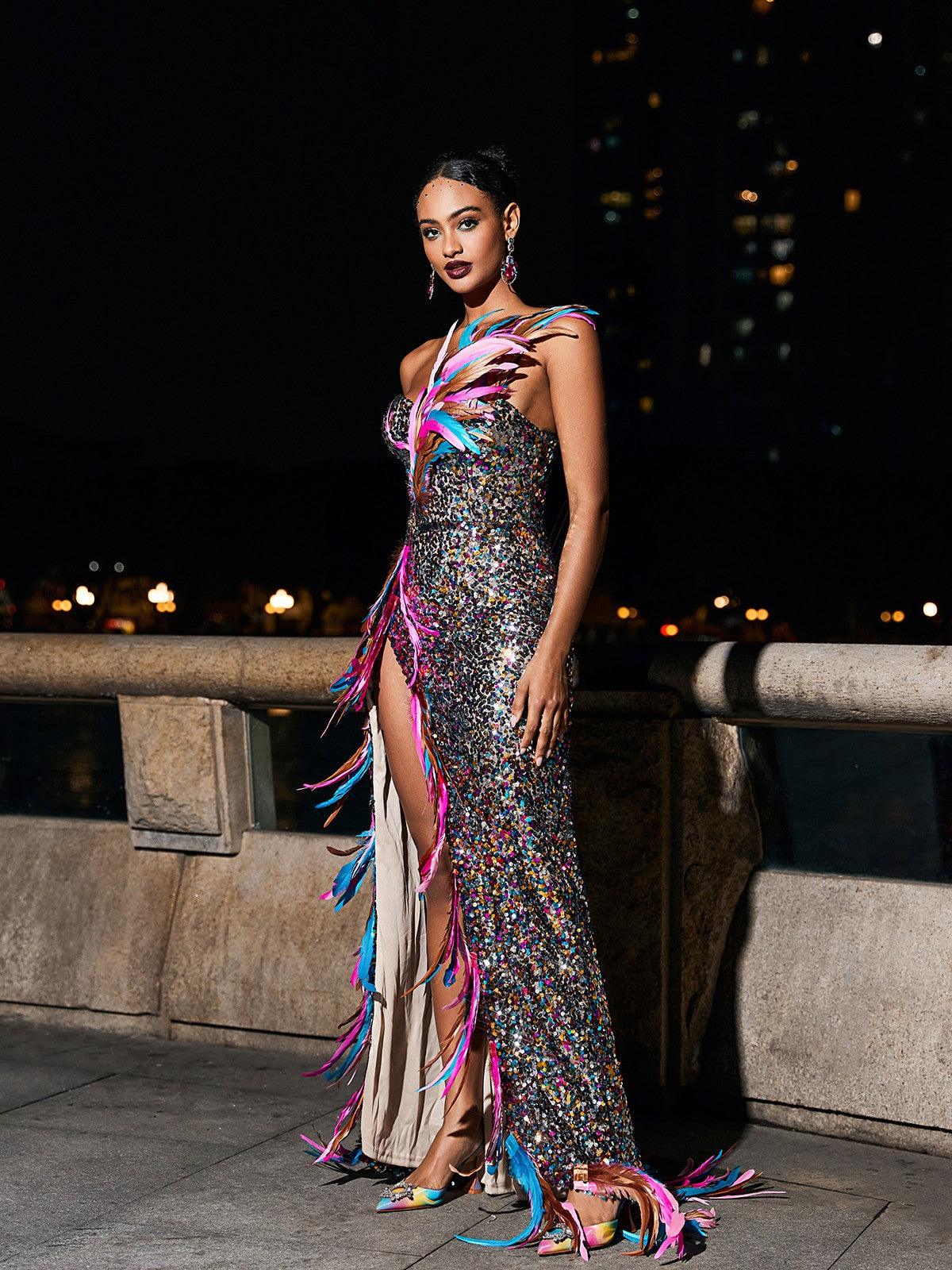 Ernest Strapless Feather Split Sequin Dress