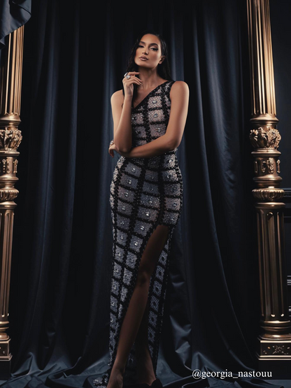 Esti One Shoulder Printed Rhinestone Maxi Dress