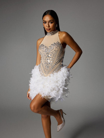 Eszra Halterneck Rhinestone Feather Sequin Mini Dress