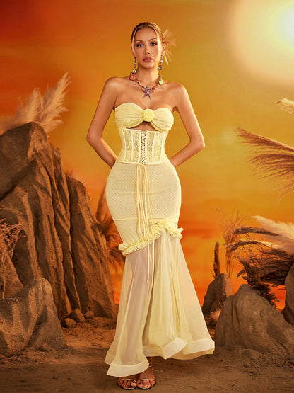 Ezrion Strapless Lace Up Mesh Maxi Dress