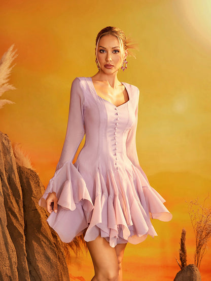 Faldrex Flare Sleeve Ruffle Mini Dress In Pink