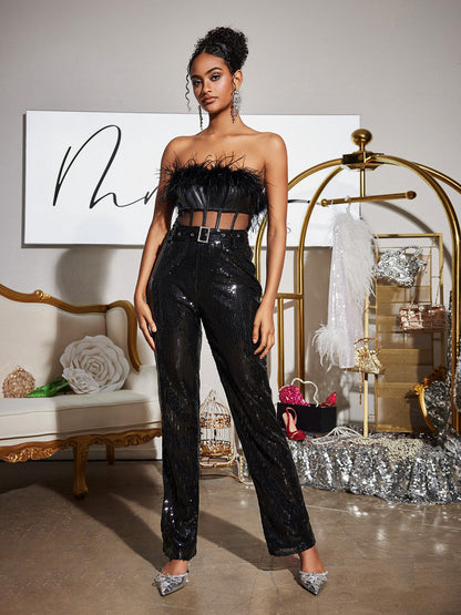 Faro Feather Sequin Jumpsuit