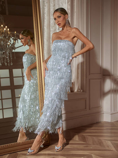 Gerardi Strapless Sequin Fringe Midi Dress