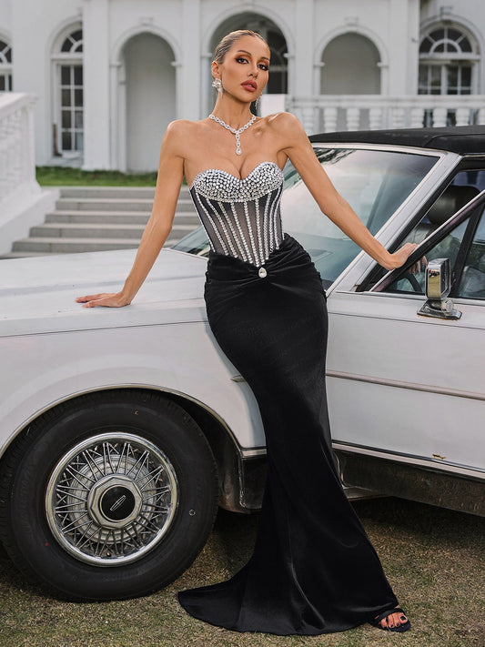 Gerlind Strapless Rhinestone Velvet Maxi Dress