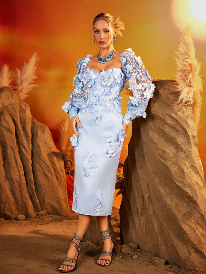 Gexmir Long Sleeve Flower Midi Dress