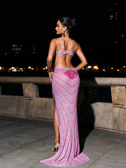Grey Crystal Cutout Maxi Dress In Hot Pink