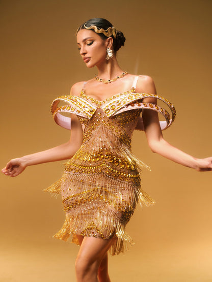 Jaimarie Off Shoulder Rhinestone Fringe Mini Dress In Gold