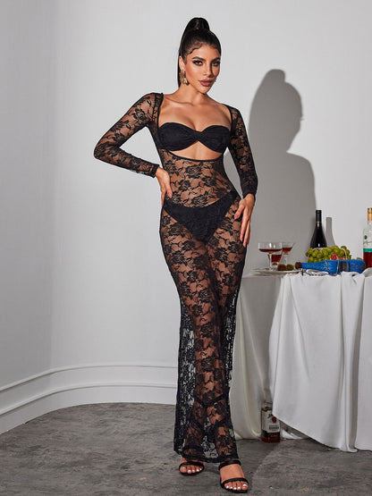 Jerryl Long Sleeve Cutout Lace Maxi Dress In Black