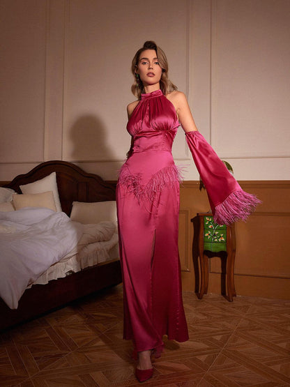 Knute Halterneck Feather Satin Dress In Hot Pink