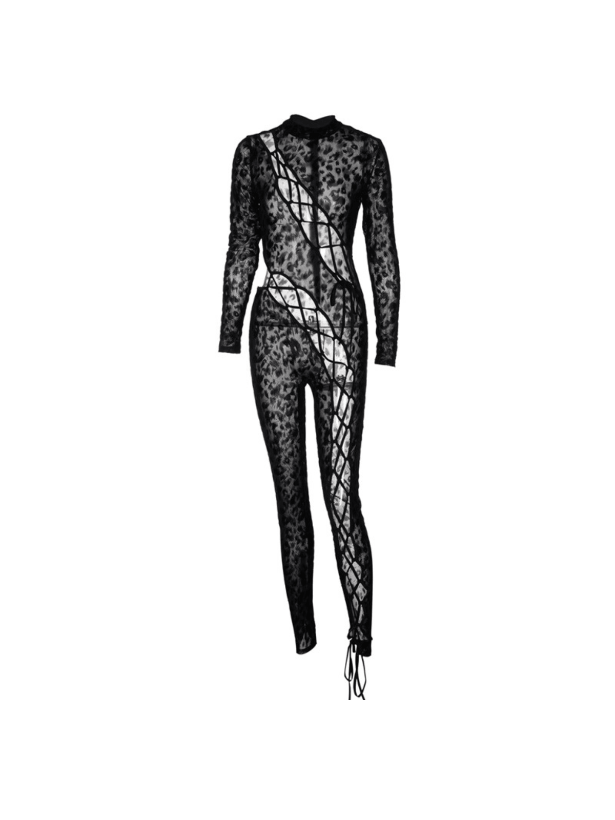 Bopo Lace Up Leopard Printed Mesh Jumpsuit