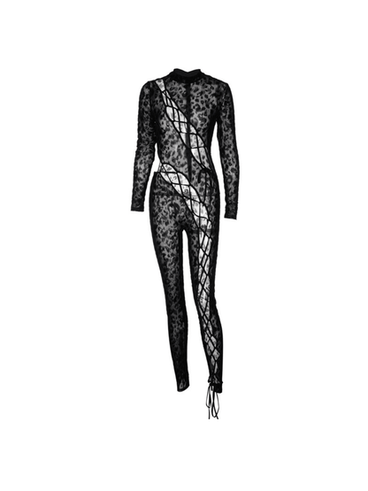 Bopo Lace Up Leopard Printed Mesh Jumpsuit