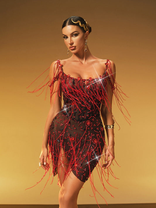 Lioriel Rhinestone Fringe Mini Dress