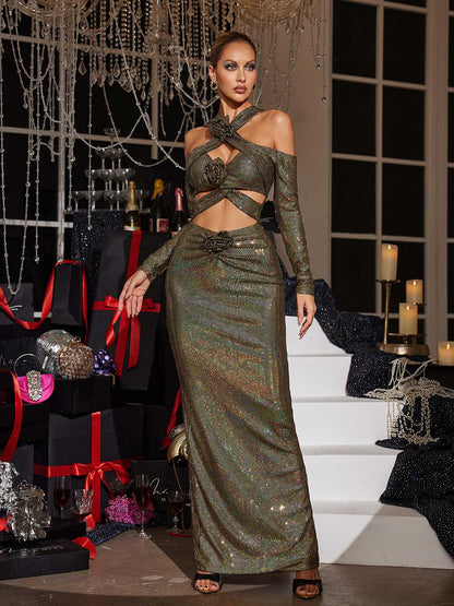 Lowen Flower Cutout Sequin Maxi Dress In Olive