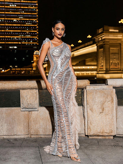 Lyda Draped Cutout Sequin Mesh Dress In Silver