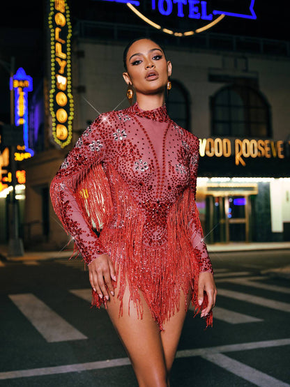 Macsen Rhinestone Fringe Bodysuit