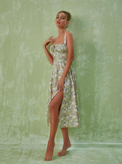 Maire Floral Split Midi Dress In Green