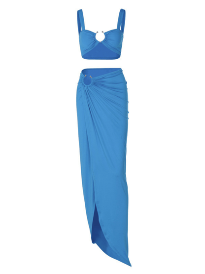 Metal Hardware Split Skirt Set In Blue